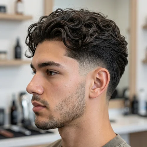 Low taper fade layered curly hair for men with soft layered curls on top and clean tapered sides