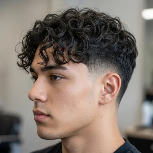 Low taper fade curly hair with curtain bangs for men featuring curly curtain fringe and clean tapered sides
