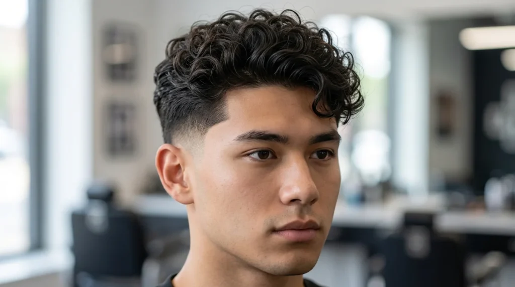 Low taper fade curly hair style with a textured top and clean blended sides
