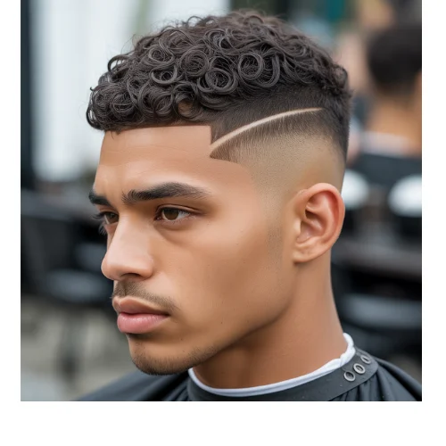 Low taper with loose curls for men featuring soft loose curls on top and clean tapered sides