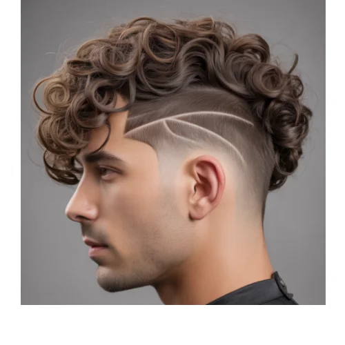 Low taper curly side-swept hairstyle for men with curly hair swept to the side and clean tapered sides