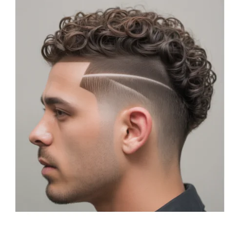 Low taper with curly hard part for men featuring defined curly hair on top and a sharp hard part