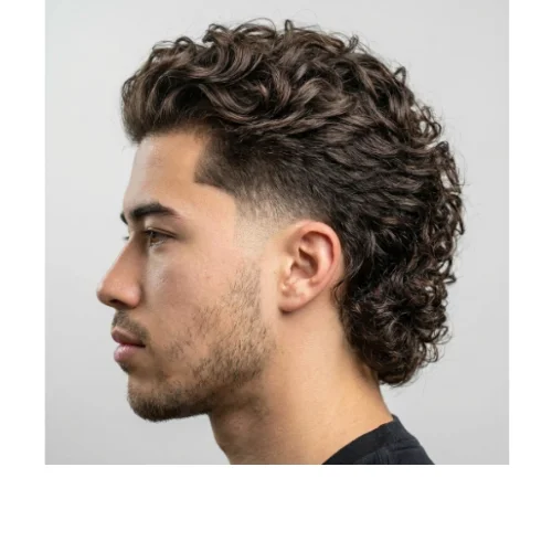 Low taper with curly mullet for men featuring curly hair on top and longer curls in the back with clean tapered sides