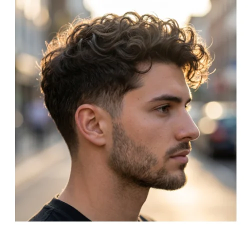 Low taper curly casual everyday hairstyle for men with natural curls on top and clean tapered sides
