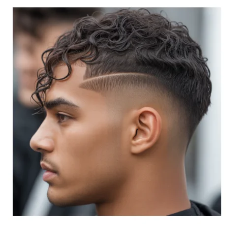 Low taper curly wet look hairstyle for men with shiny defined curls on top and clean tapered sides