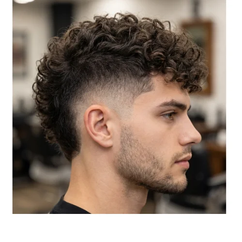 Low taper curly mohawk style for men featuring curly mohawk on top and clean tapered sides