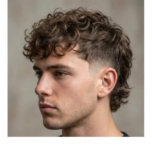Low taper fade curly wolf cut for men featuring layered curly hair on top and clean tapered sides