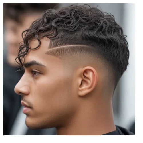 Low taper fade curly shag for men featuring layered curly hair on top and clean tapered sides