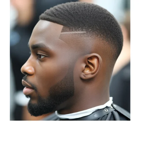 Low taper fade haircut on short afro-textured hair with precise edge up and defined beard line