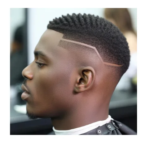 Low taper fade on short afro hair with sharp lineup and angled shaved design