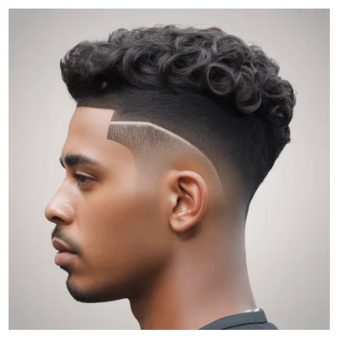 Curly high top with low taper fade and sharp curved shaved line design