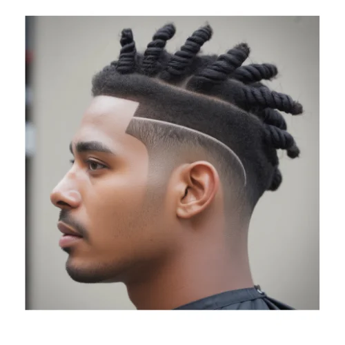 Modern low taper fade haircut with short twisted afro sections, precise lineup, and curved shaved line detail