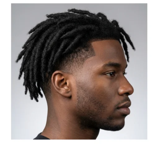 Modern low taper fade haircut with short freeform dreadlocks and sharp edge up