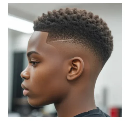 Modern low taper fade haircut with short afro-textured curls, clean edge up, and smooth fade blend