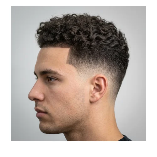 Burst fade curly hair for men featuring natural curls on top and a rounded burst fade around the ears