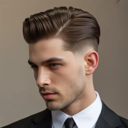 Side profile of a man in a suit with slicked back hairstyle and clean low taper fade on the sides.
