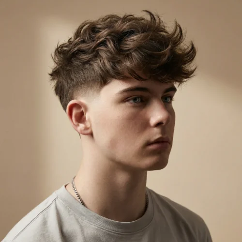 Modern men's haircut featuring a blowout-style voluminous top paired with a low taper fade on the sides and back. The lifted, textured top adds height and movement, while the low taper fade provides a sharp, polished finish around the ears and neckline. Perfect for men seeking a bold, trendy, and stylish hairstyle.