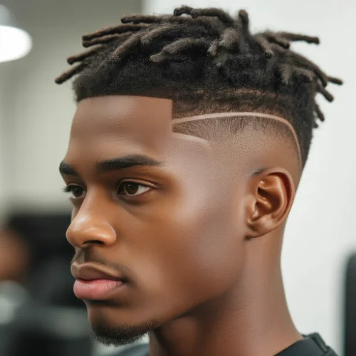 Side-profile portrait of a young man with short dreadlocks on top and a clean low taper fade on the sides, featuring a sharp shaved line design above the fade.