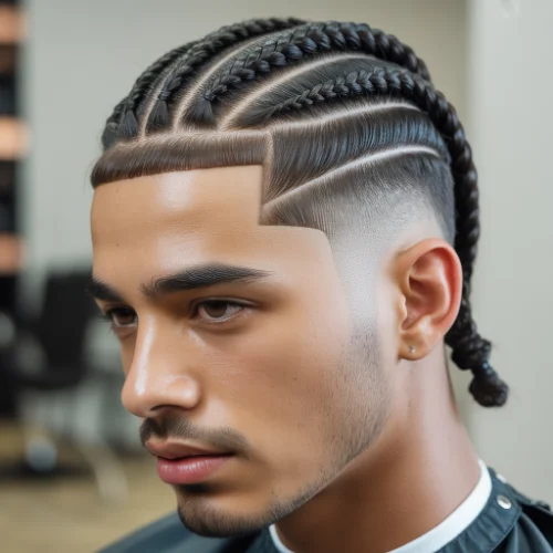 Low taper fade haircut with sharp line design and clean temple edge, blended smoothly into tight braided cornrows on top, shown from the front side view inside a barbershop.