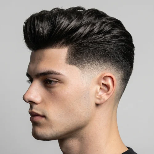 Modern men's haircut featuring a low taper fade on the sides and back with a voluminous quiff styled upward and backward on top. The quiff adds height, texture, and movement, while the low taper fade creates a sharp, polished finish around the ears and neckline. Ideal for men seeking a stylish, contemporary, and trendy hairstyle.