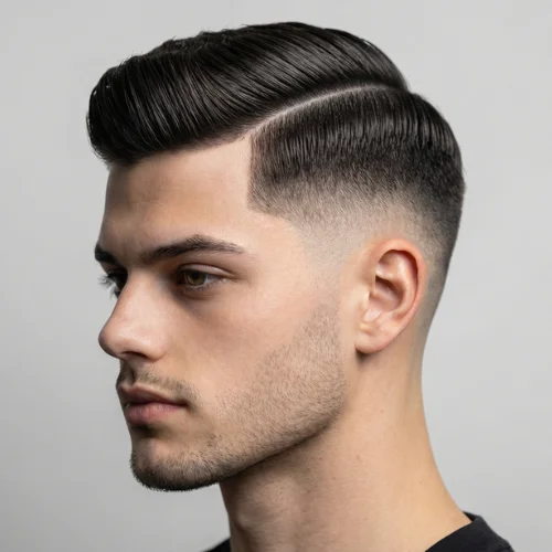 Modern men's haircut featuring a low taper fade on the sides and back with hair styled into a comb-over on top. The neatly combed top adds structure, volume, and a polished look, while the low taper fade creates a sharp, clean finish around the ears and neckline. Ideal for men seeking a stylish, contemporary, and professional hairstyle.