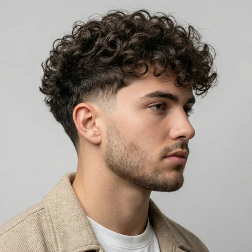 Side profile of a young man with natural curly hair on top and a clean low taper fade on the sides, featuring a soft blended fade around the temple and ear against a plain background.