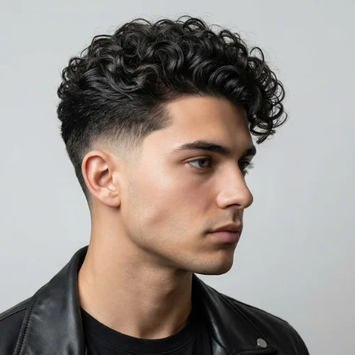 Modern men's haircut featuring a low taper fade on the sides and back with permed hair styled on top. The permed, textured top adds volume, movement, and a unique wavy look, while the low taper fade creates a sharp, polished finish around the ears and neckline. Ideal for men seeking a trendy, contemporary, and stylish hairstyle with a perm.