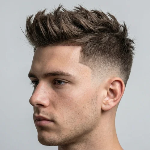 Modern men's haircut featuring a low taper fade on the sides and back with thin or thick hair styled into a spiky top. The textured spikes add volume, movement, and a bold look, while the low taper fade provides a sharp, polished finish around the ears and neckline. Ideal for men seeking a trendy, stylish, and contemporary hairstyle with spiky texture.