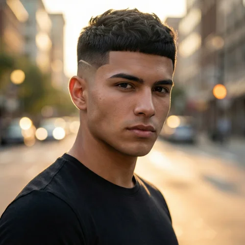 Modern men's haircut featuring a low taper fade focused around the temples with hair styled on top. The fade creates a sharp, polished finish around the temple area, while the top adds volume, texture, and movement. Ideal for men seeking a stylish, contemporary, and well-groomed look that emphasizes the temple fade detail.