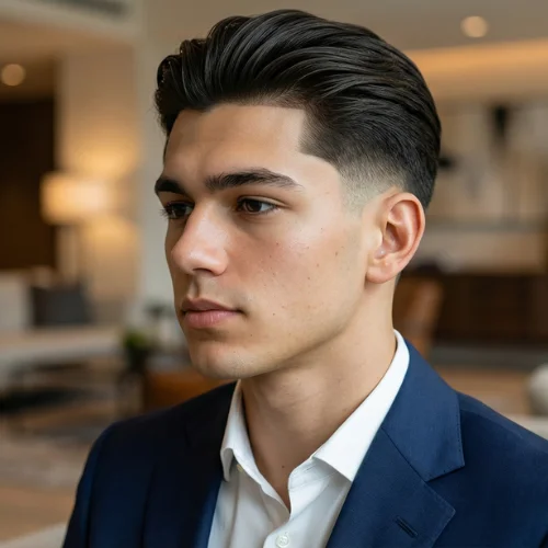 Modern men's haircut featuring a low taper fade on the sides and back with hair styled in a brushed-back top. The textured brush-back adds volume, movement, and a polished look, while the low taper fade provides a sharp, clean finish around the ears and neckline. Ideal for men seeking a stylish, contemporary, and professional hairstyle.