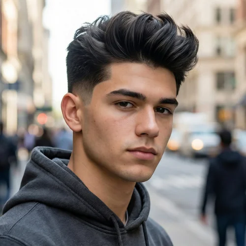 Modern men's haircut featuring a low taper fade on the sides and back with hair styled in a brush-up on top. The lifted, textured top adds volume, movement, and a bold look, while the low taper fade provides a sharp, polished finish around the ears and neckline. Ideal for men seeking a stylish, contemporary, and low-maintenance hairstyle with added height.