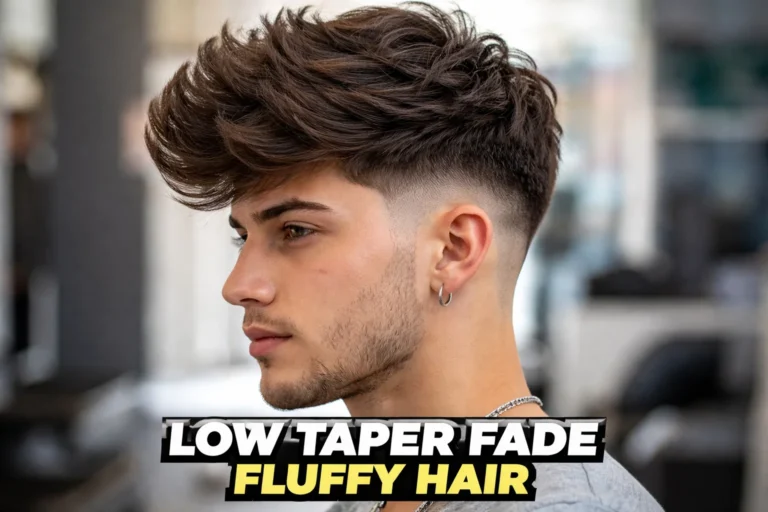 Young man with Low Taper fade fluffy hair, voluminous hair on top and a clean low taper fade on the sides. Soft texture with a smooth fade around the ears and neckline for a trendy modern look.