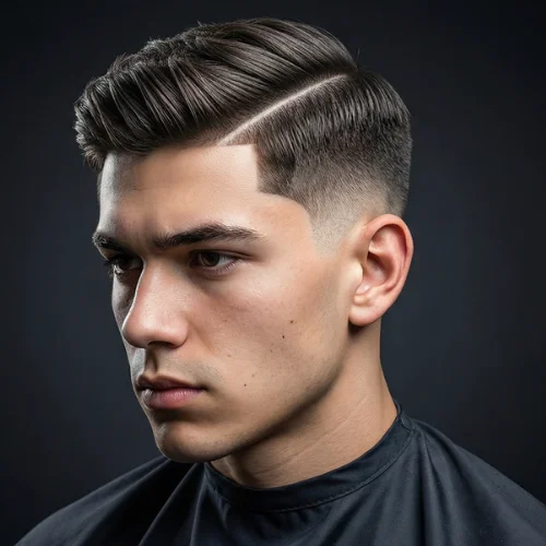 Modern men's haircut featuring a low taper fade on the sides and back with a hard, defined part on top. The hard part adds structure and a sharp contrast to the neatly styled hair, while the low taper fade creates a polished finish around the ears and neckline. Ideal for men seeking a stylish, contemporary, and professional hairstyle with a distinct parting.