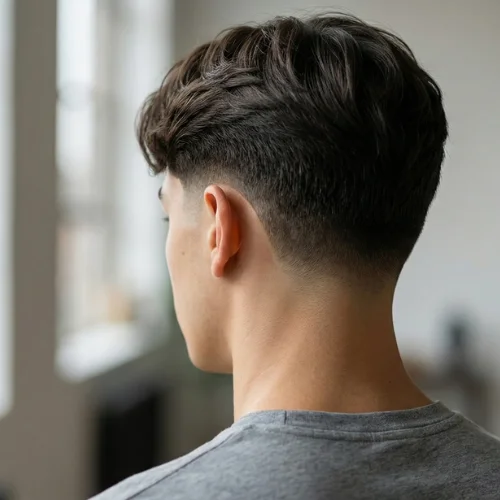 Back view portrait of a young man showcasing a clean low taper fade haircut with longer textured hair on top. The sides and neckline are smoothly tapered for a natural fade transition, creating a sharp yet subtle finish. He is wearing a gray t-shirt indoors near a window with soft natural light, highlighting the neat and modern low taper fade style from the rear angle.