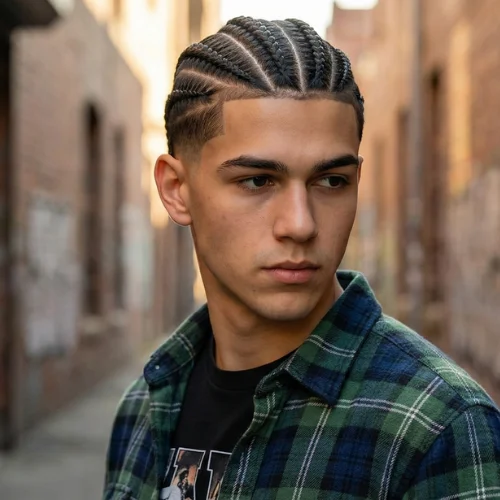 Front-facing portrait of a young man with tight cornrow braids styled on top and a clean low taper fade on the sides. The edges are sharply lined up, and the fade transitions smoothly around the ears for a crisp finish. He is wearing a green plaid shirt and standing in a narrow city alley with blurred brick buildings in the background, highlighting the modern low taper fade with braided hairstyle.