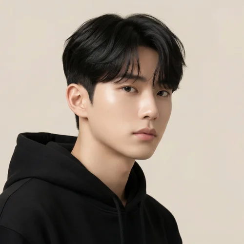 Modern men's haircut featuring a low taper fade on the sides and back with a Korean-style textured top. The top is styled with soft layers and natural volume, while the low taper fade creates a sharp, polished finish around the ears and neckline. Perfect for men seeking a trendy, contemporary, and stylish Korean-inspired hairstyle.