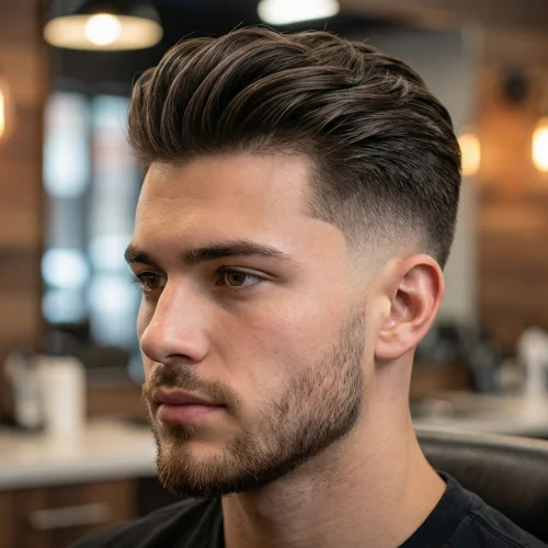 Modern men's haircut featuring a low taper fade on the sides and back with hair styled in a push-back on top. The textured pushed-back top adds volume, movement, and a polished look, while the low taper fade creates a sharp, clean finish around the ears and neckline. Ideal for men seeking a stylish, contemporary, and professional hairstyle with a bold top.