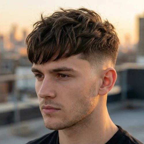 Modern men's haircut featuring a low taper fade on the sides and back with a textured fringe styled forward on top. The layered fringe adds volume, movement, and texture, while the low taper fade creates a sharp, polished finish around the ears and neckline. Perfect for men seeking a stylish, contemporary, and low-maintenance hairstyle with a textured front.