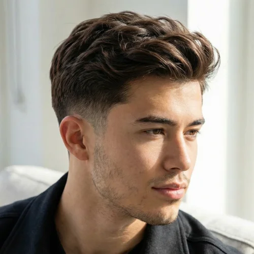 Side-profile portrait of a young man with a soft textured quiff and a clean low taper fade on the sides. The fade blends naturally around the ears, creating a smooth transition into the longer, styled top. He is indoors with natural window light and a blurred neutral background, highlighting the polished and modern low taper fade hairstyle.