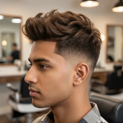 Man with fluffy voluminous hair on top and a clean low taper fade on the sides, creating a trendy and modern men’s hairstyle.