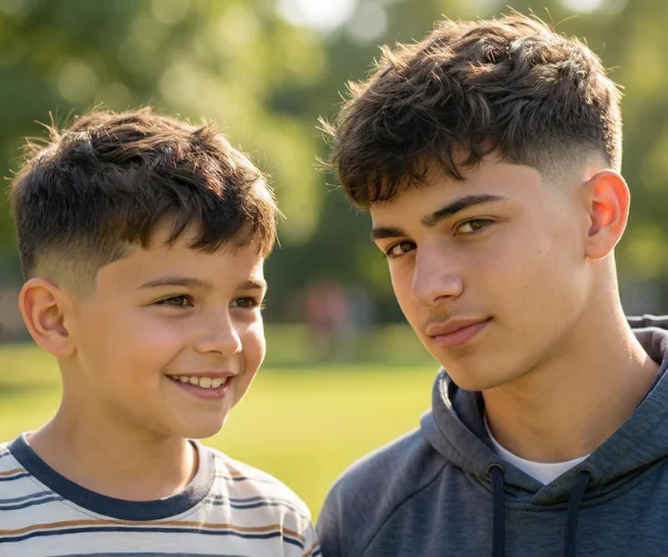 Modern kids' and teen boys' haircut featuring a low taper fade on the sides and back with hair styled neatly on top. The fade creates a sharp, polished finish around the ears and neckline, while the top is easy to manage and style for everyday activities. Perfect for young boys seeking a stylish, age-appropriate, and low-maintenance haircut.