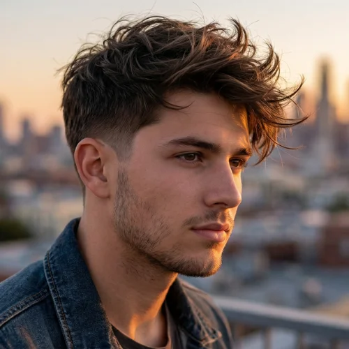 Modern men's haircut featuring a low taper fade on the sides and back with hair styled into a messy, textured top. The tousled top adds volume, movement, and a casual, effortless look, while the low taper fade creates a sharp, polished finish around the ears and neckline. Ideal for men seeking a stylish, contemporary, and relaxed hairstyle with a messy texture.