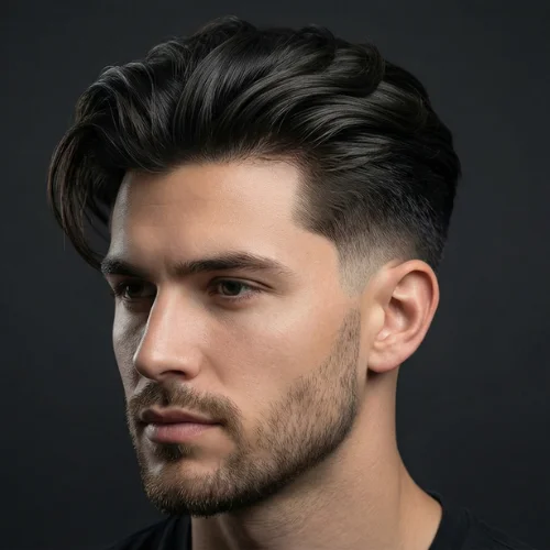 Modern men's haircut featuring a low taper fade on the sides and back with long hair styled on top. The long top adds height, texture, and movement, while the low taper fade creates a sharp, polished finish around the ears and neckline. Perfect for men seeking a stylish, contemporary, and bold hairstyle with a long, textured top.