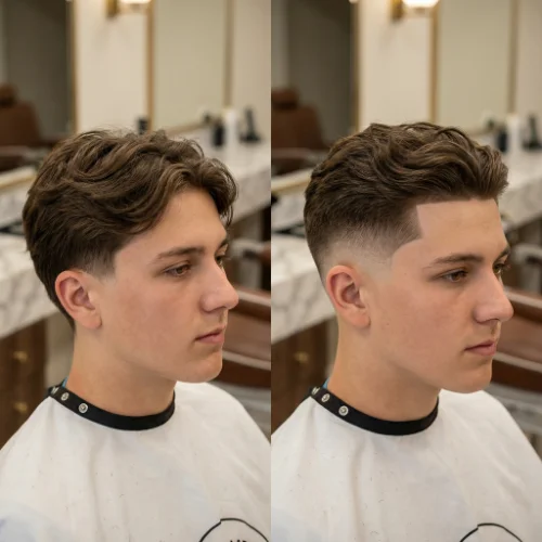 Side-by-side comparison of low taper fade and high taper fade hairstyles. The low taper fade features a gradual fade starting near the ears and neckline, providing a subtle and polished look. The high taper fade starts higher on the head, offering a more dramatic contrast between the sides and the top. Ideal for men deciding between subtle or bold fade styles.