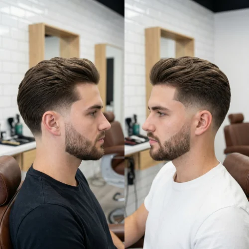 Side-by-side comparison of low taper fade and mid taper fade hairstyles. The low taper fade starts near the ears and neckline, offering a subtle, clean look. The mid taper fade begins slightly higher, providing more contrast between the sides and the top. Ideal for men choosing between a subtle or slightly more pronounced fade style.