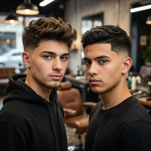 Side-by-side comparison of blowout fade and drop fade hairstyles. The blowout fade features a voluminous, lifted top with cleanly faded sides, creating a bold and full appearance. The drop fade curves downward around the back and sides for a subtle, angled look that follows the natural shape of the head. Ideal for men deciding between a high-volume style or a sleek, curved fade.