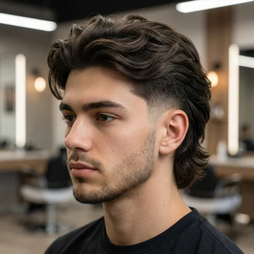 Modern men's haircut featuring a low taper fade on the sides and back with a longer, textured mullet on top and at the back. The contrast between the faded sides and the extended back adds style and dimension, while the low taper fade creates a sharp, polished finish around the ears and neckline. Perfect for men seeking a bold, trendy, and contemporary mullet hairstyle.