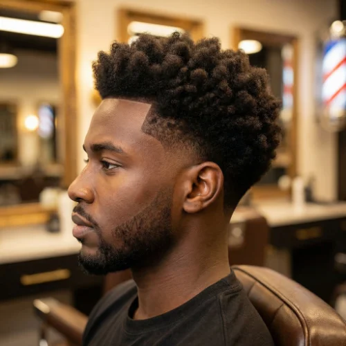 Man with an afro hairstyle on top and a clean low taper fade on the sides, creating a bold and modern men’s haircut.