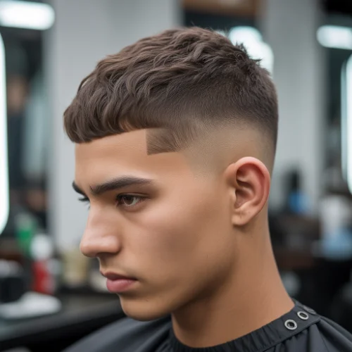 Modern men's haircut featuring a low taper fade on the sides and back with a textured crop on top. The layered, textured top adds volume and movement, while the low taper fade creates a sharp, polished finish around the ears and neckline. Perfect for men seeking a stylish, contemporary, and low-maintenance hairstyle that enhances texture.