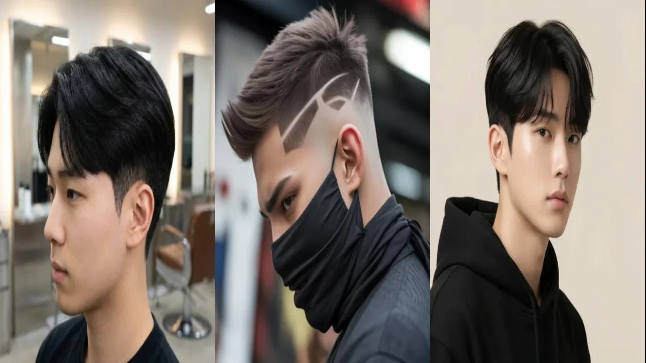 Three side-by-side photos of young men showcasing different low taper fade haircuts. The first shows a clean, subtle low taper fade with neatly combed medium-length hair on top in a salon setting. The second features a sharp low taper fade with a textured top and a shaved design line on the side, styled in a modern, edgy look. The third displays a soft low taper fade with longer, layered hair on top, creating a natural and sleek appearance against a plain background.